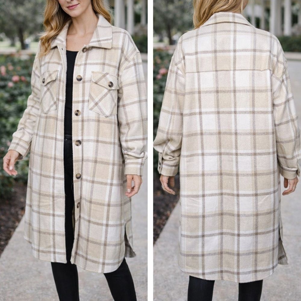 Bluenotes Shacket Ivory/Cream/Tan Plaid Size XL